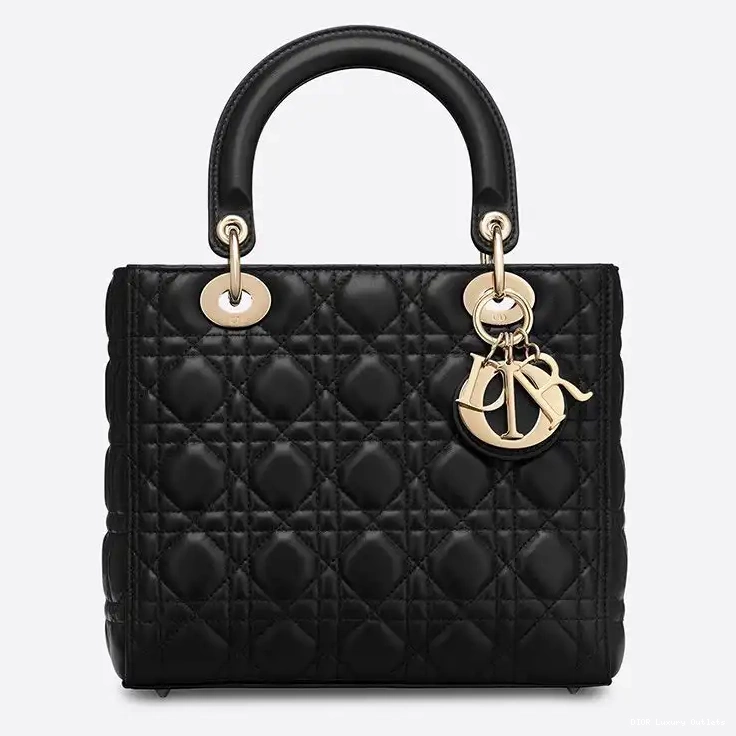 Gold Black Lambskin Cannage Bag Medium Dior Lady 0606 Luxury